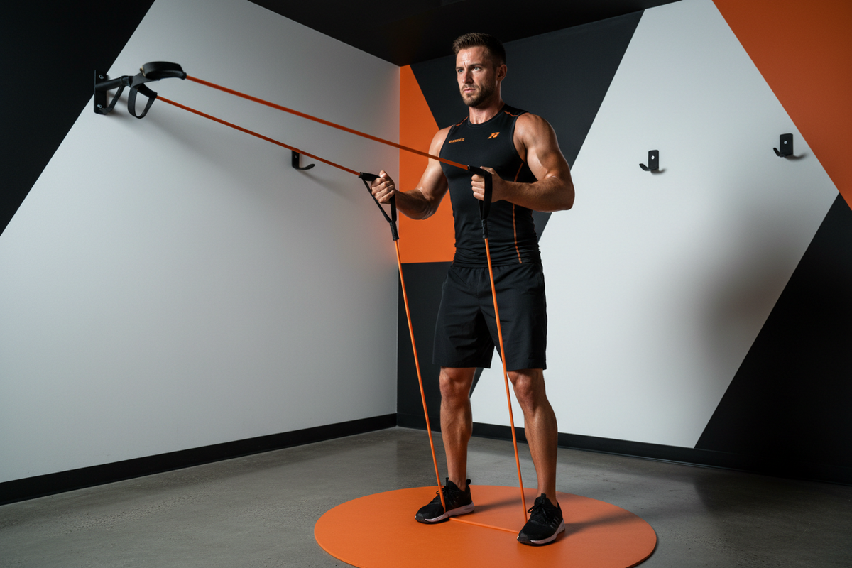 Homme en action avec bande de résistance MoveForce, ambiance orange et noir